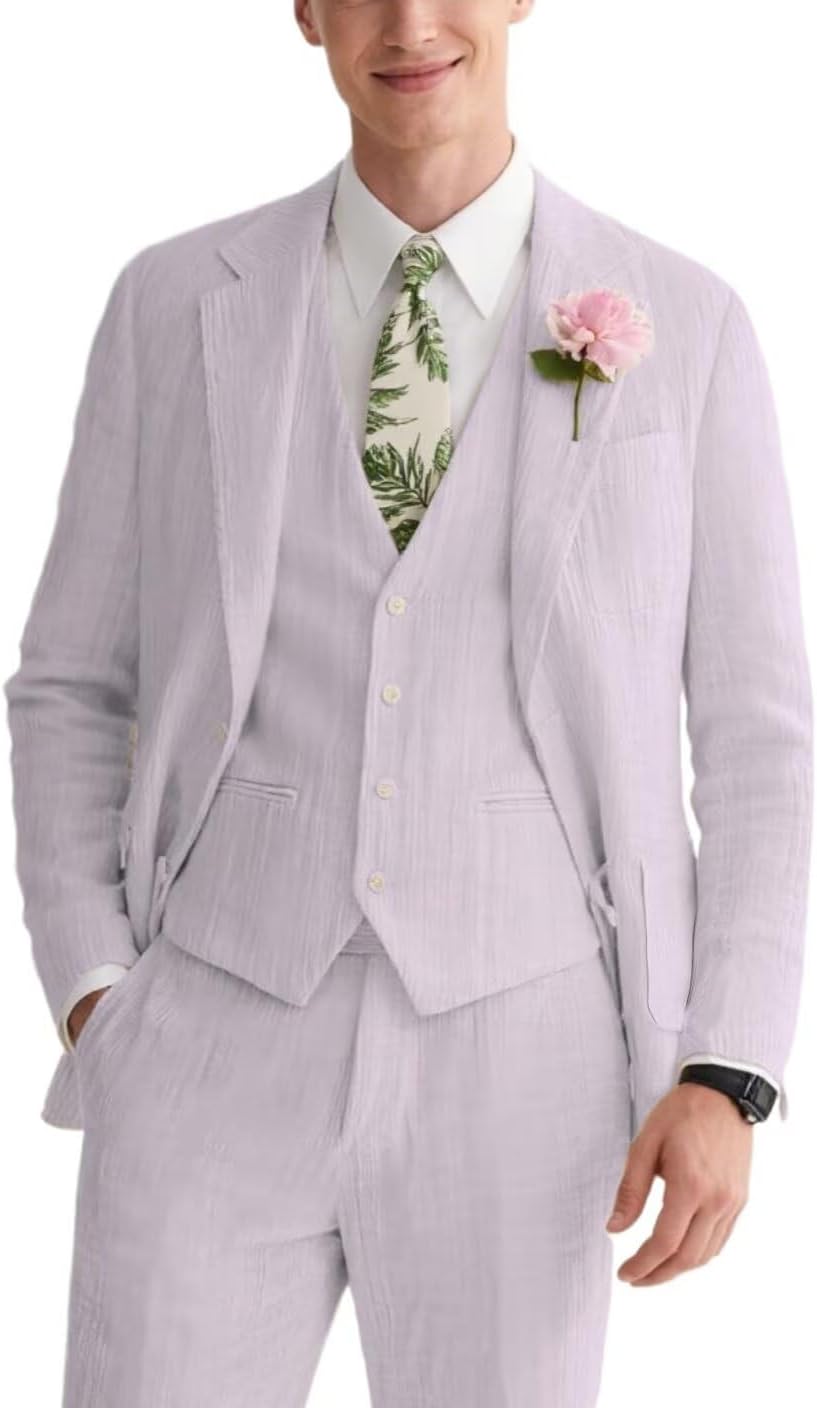 Linen Mens Suit 3 Piece Slim Fit Beach Wedding Suit for Men Prom Party Casual Blazer Vest Pant Set