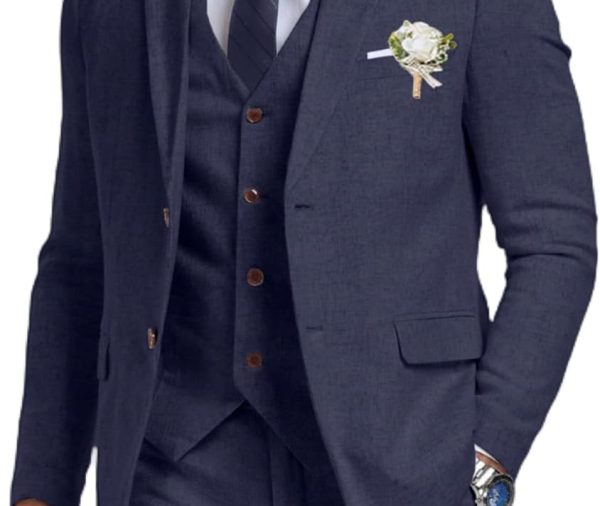 Retro Linen Mens Suit 3 Pieces Light Weight Casual Linen Summer Slim Fit Suits Tuxedo Jacket Blazer Vest Pant for Men