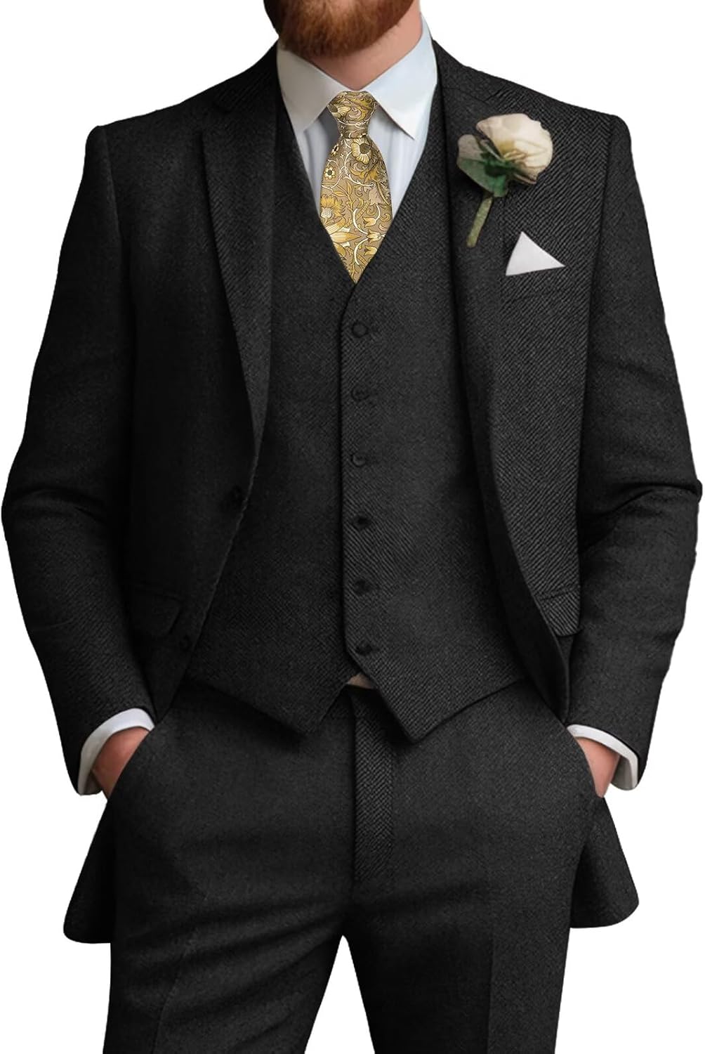 3 Pieces Tweed Men's Suits Slim Fit Wedding Suit Grooms Prom Brown Wool Suit for Men Tuxedos Jacket Vest Pants Set