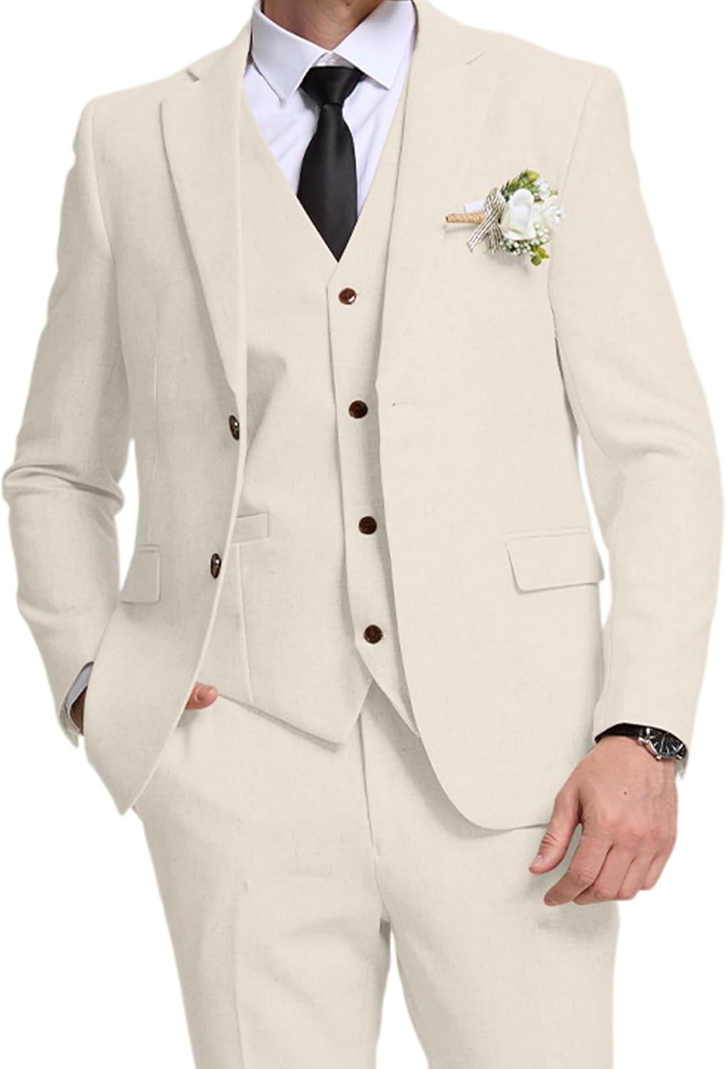 Men's 3 Piece Linen Suit Slim Fit Summer Beach Wedding Party Casual Dress Tuxedo Suit Set for Groomsmen Prom