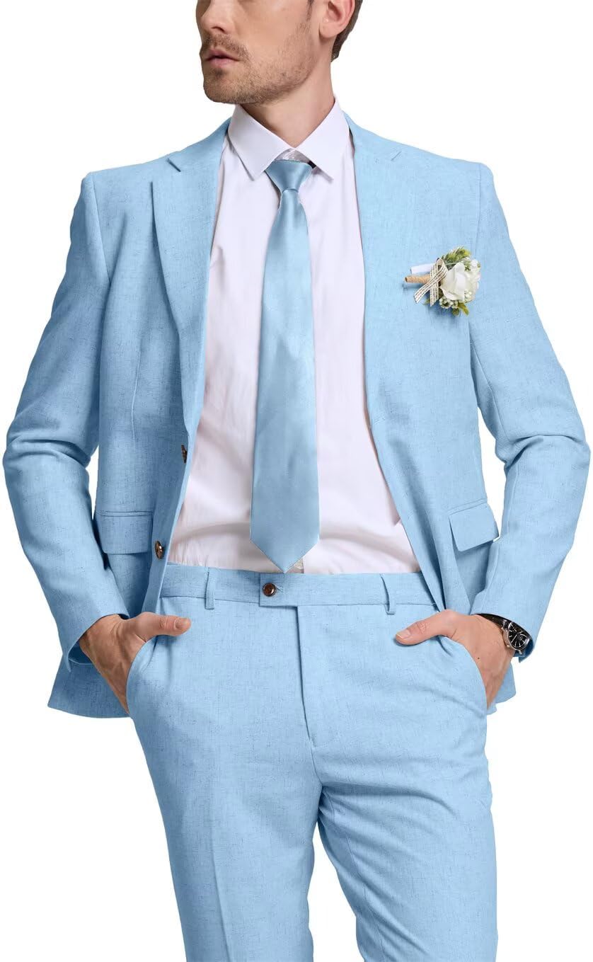 Retro Linen Mens Suit 2 Pieces Slim Fit Light Weight Linen Beach Summer Suits Tuxedo Set Jacket Blazer Pant for Men