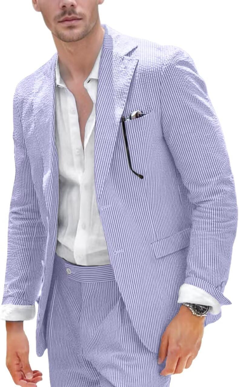 Seersucker Suit Mens 2 Piece Summer Beach Wedding Outfit for Men Classic Fit Casual Sear Sucker Suit for Grooms Prom Party