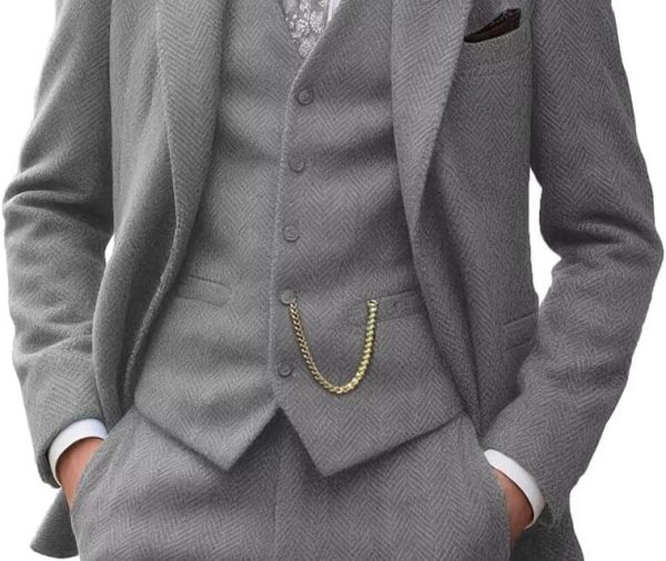 Retro Tweed Men's Suit 3 Piece Slim Fit Herringbone Suits Groom Tuxedos Set Wedding Prom Blazer Jacket Vest Pants for Men