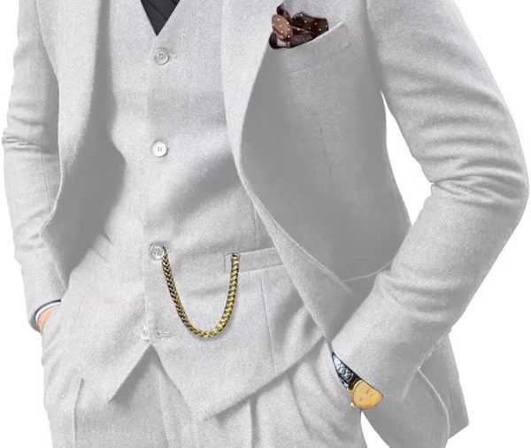 Retro 3 Piece Suit Tweed Herringbone Men's Suits Slim Fit Groom Tuxedos Set Prom Brown Grey Jacket Blazer Vest Pants