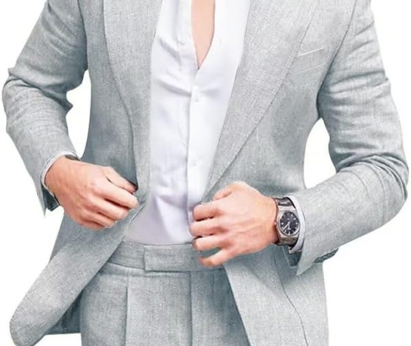 Mens Linen Suits 2 Piece Beach Wedding Blazer Summer Grooms Classic Lightweight Breathable Jacket Pants