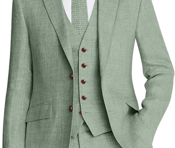 Men's Suit 3 Piece Linen Suits Slim Fit Suit Blazer Vest Pants Set Wedding Prom Tuxedos Business Casual Suit