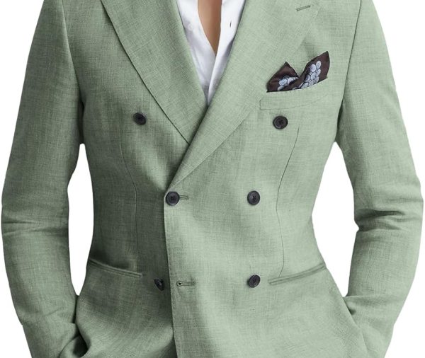 Mens Suits Linen 2 Piece Suit for Men Peak Lapel Slim Fit Suits Set Double Breasted Tuxedos for Wedding Prom