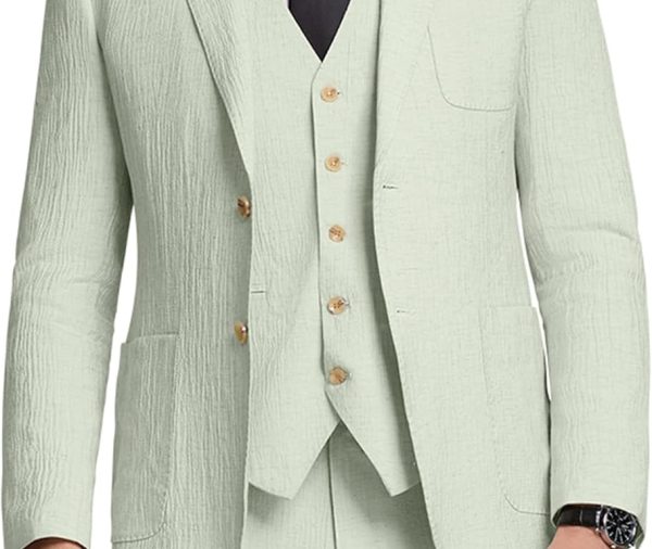 Mens Suits 3 Piece Slim Fit Suit Casual Suits Set for Men Lightweight Suit Blazer Vest Pants for Summer Wedding