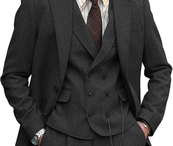 Mens Formal Tweed Wool 3 Piece Wedding Slim Fit Suit Prom Tuxedos Groomsmen