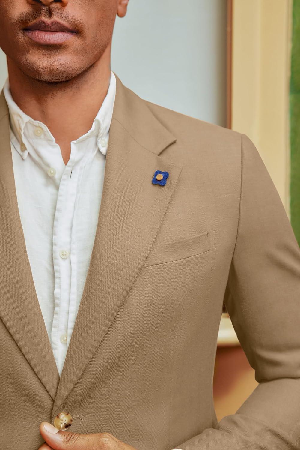 Men's Sport Coats and Blazers Linen Cotton Blazer Regular Fit 2 Buttons Suit Jacket with Removable Brooch - Image 2