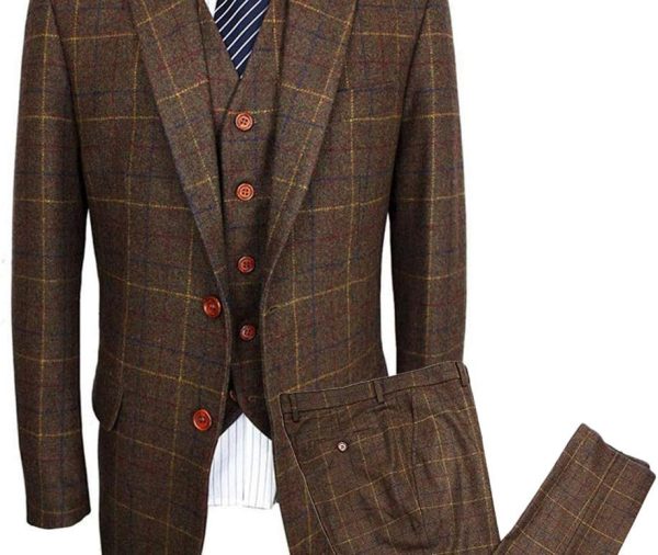Mens Vintage 3 Piece Checkered Plaid Suit Tweed Blazer Vest Pants