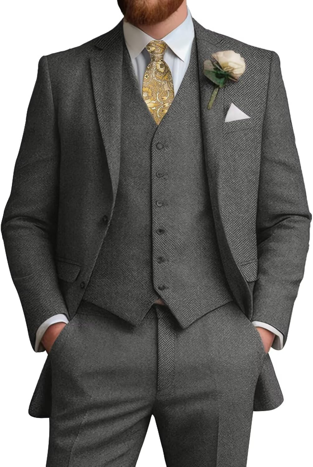 3 Pieces Tweed Men's Suits Slim Fit Wedding Suit Grooms Prom Brown Wool Suit for Men Tuxedos Jacket Vest Pants Set