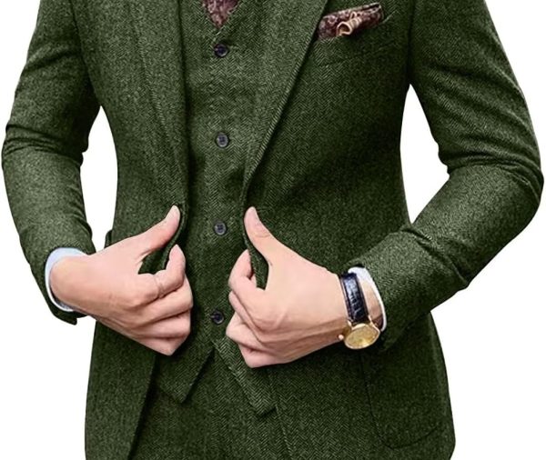 Retro Men Suit 3 Piece Tweed Herringbone Men's Suits Wool Jacket Tuxedos Wedding Grooms Blazer Vest Pants Set Prom