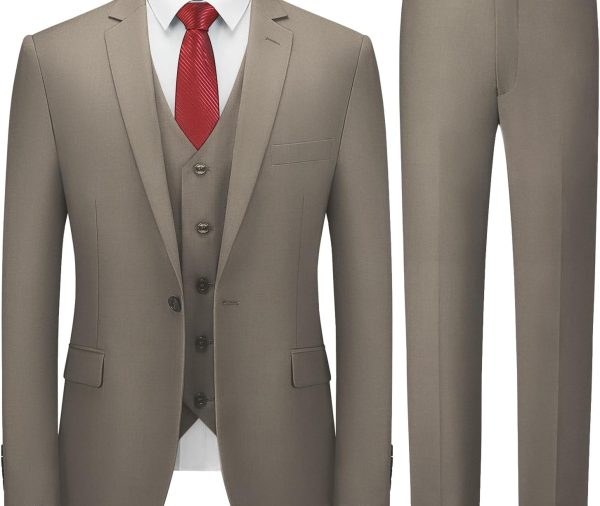 Men's Suit Slim Fit, 3 Piece Suits for Men, One Button Solid Jacket Vest Pants with Tie, Tuxedo Set