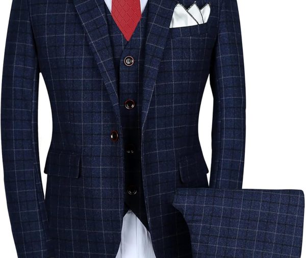 Mens 3-Piece Slim Fit Plaid Suit - Blazer, Vest, and Pants Set for Wedding, Prom, and Business