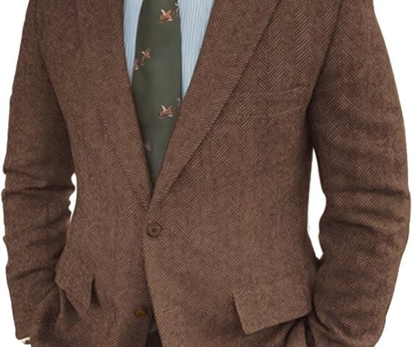 Vintage Mens Tweed Blazer Retro Wool Blend Suit Jackets Herringbone Two Button Sport Coat Prom Business Casual Wedding