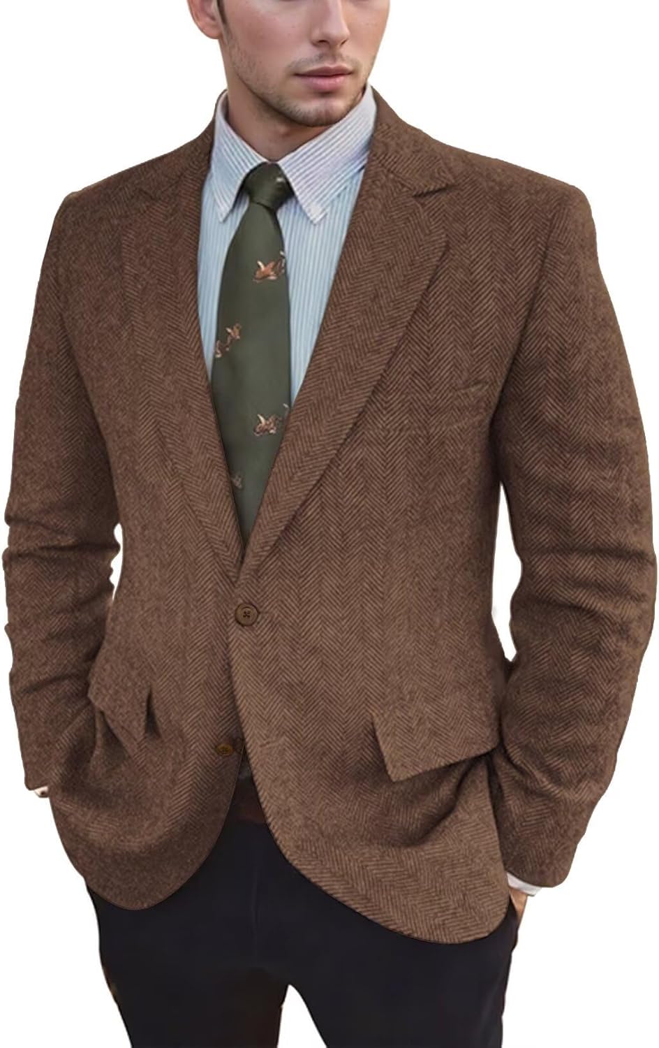 Vintage Mens Tweed Blazer Retro Wool Blend Suit Jackets Herringbone Two Button Sport Coat Prom Business Casual Wedding