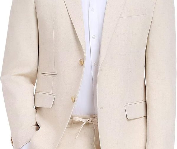 Men's Linen Suits 2 Piece Casual Regular Fit Linen Blazer Jacket and Pants for Summer Beach Wedding