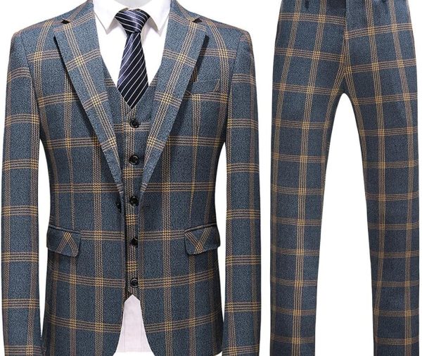 Mens Suits 3 Piece Check Plaid Suit Single Breasted One Button Jackets Formal Dress Party Prom Tuxedo Suits Blazer Set
