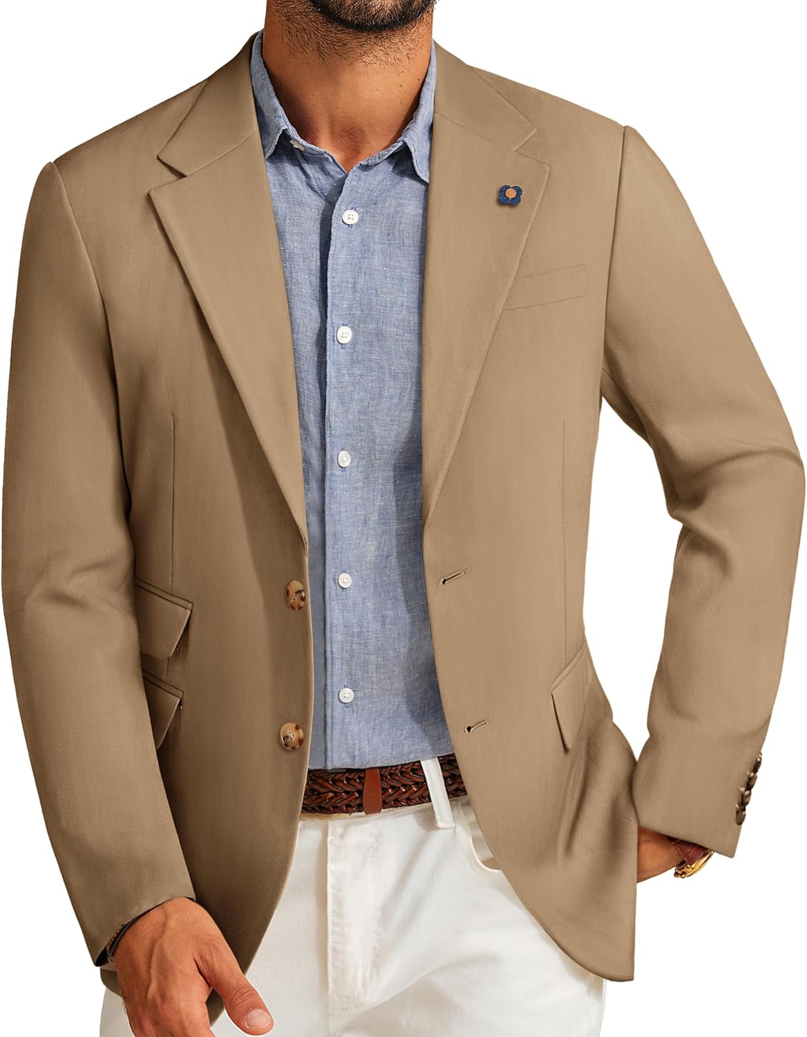 Men's Sport Coats and Blazers Linen Cotton Blazer Regular Fit 2 Buttons Suit Jacket with Removable Brooch