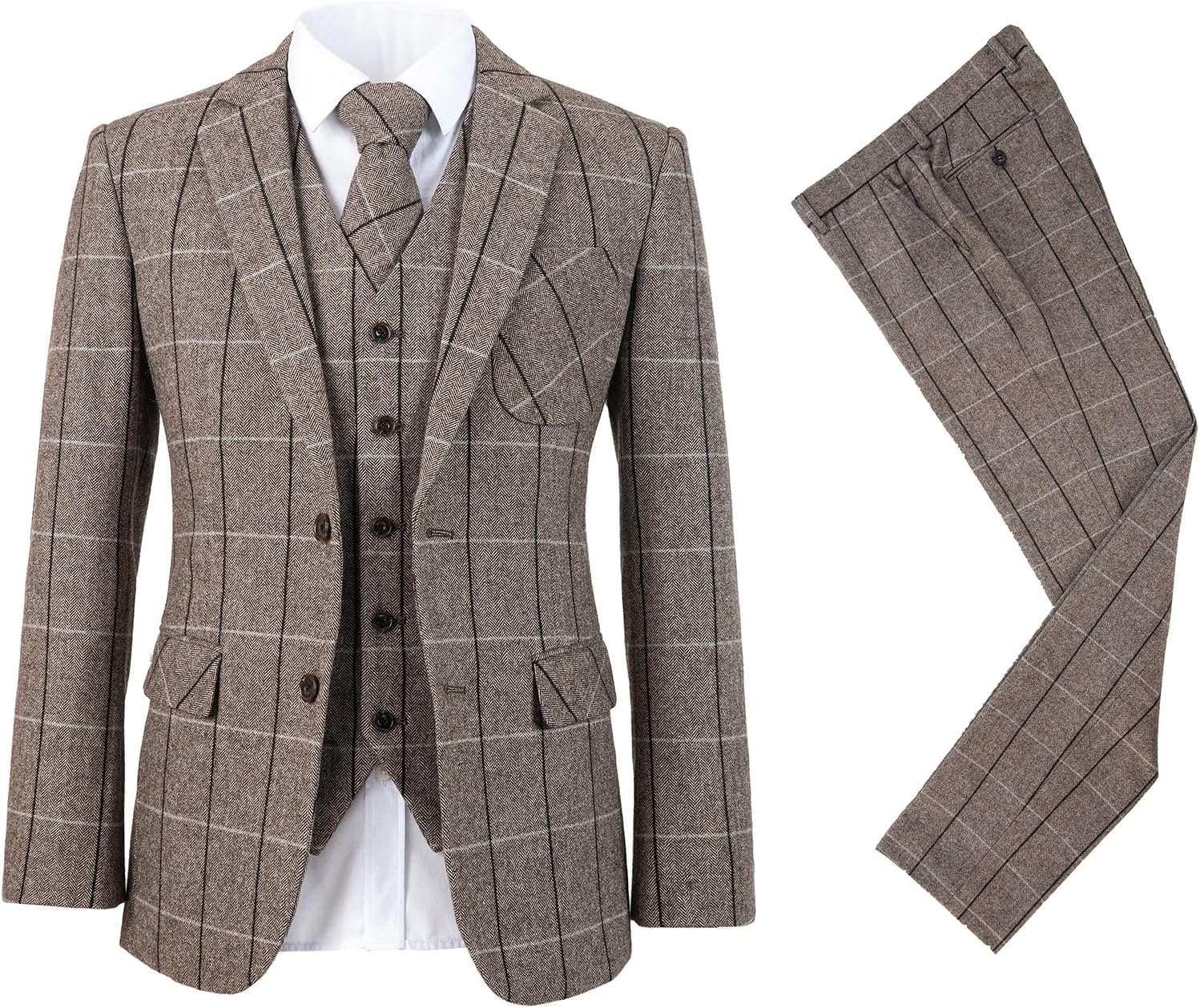 Men Wool Tweed Checked Suit 3 Piece Wedding Party Blazer Vest Pants